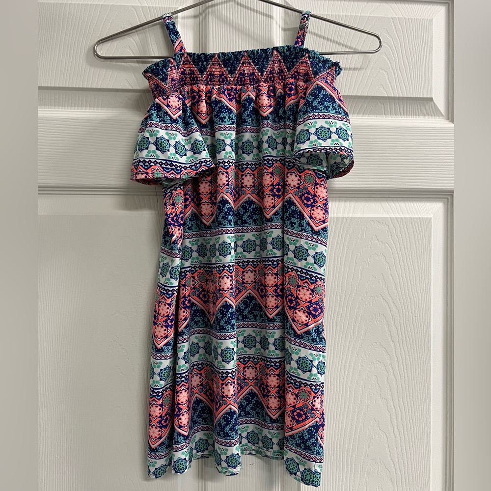 Soprano Girls Green & Orange Geometric Print Off Shoulder Dress - Medium - VGUC